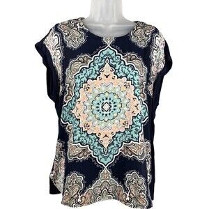 DR2 Daniel Rainn Top M Boho Hippie Mandala Polyester Crepe w/ Rayon Stretch Back